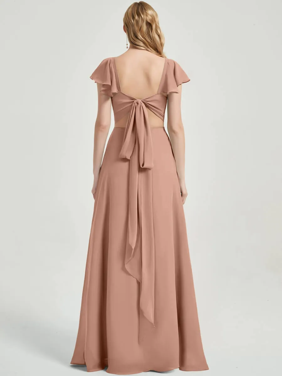 English Rose Ruffle Cap Sleeve Maxi Chiffon Bridesmaid Dress With Slit