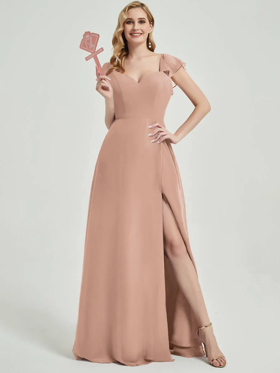 English Rose Ruffle Cap Sleeve Maxi Chiffon Bridesmaid Dress With Slit