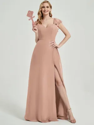 English Rose Ruffle Cap Sleeve Maxi Chiffon Bridesmaid Dress With Slit