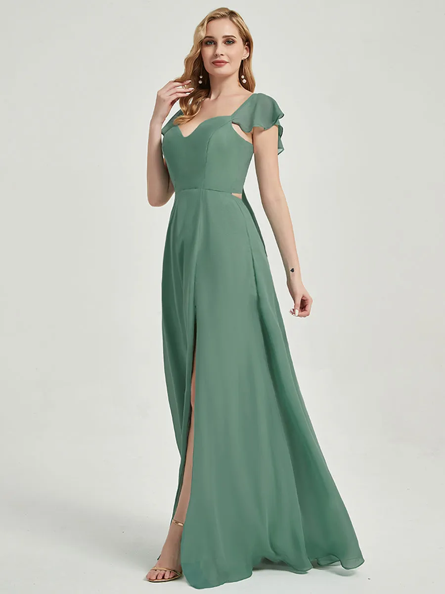 Eucalyptus Ruffle Cap Sleeve Maxi Chiffon Bridesmaid Dress With Slit