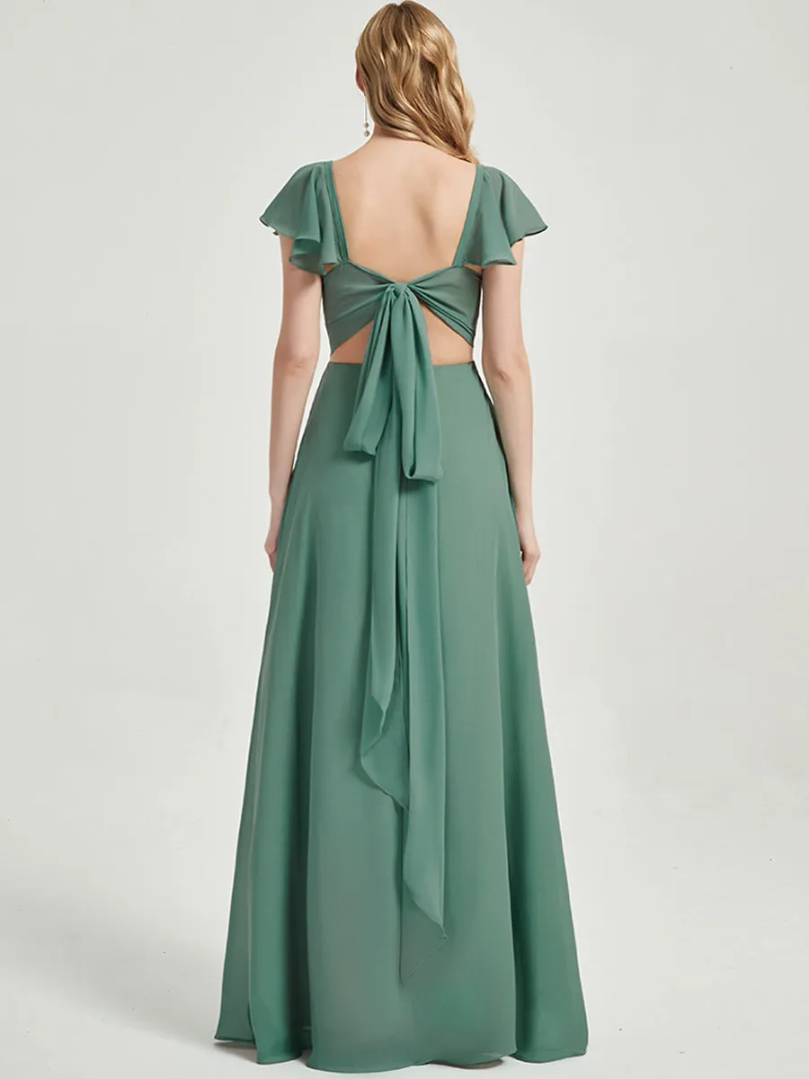Eucalyptus Ruffle Cap Sleeve Maxi Chiffon Bridesmaid Dress With Slit