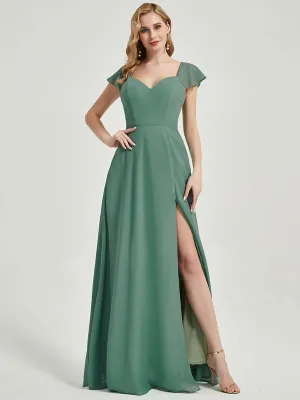 Eucalyptus Ruffle Cap Sleeve Maxi Chiffon Bridesmaid Dress With Slit