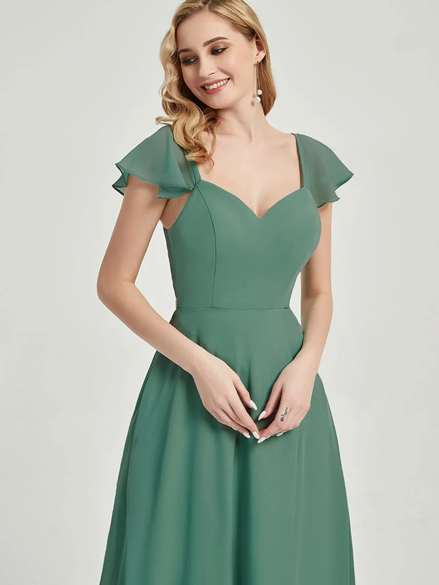 Eucalyptus Ruffle Cap Sleeve Maxi Chiffon Bridesmaid Dress With Slit
