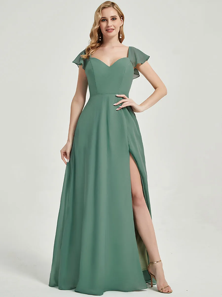 Eucalyptus Ruffle Cap Sleeve Maxi Chiffon Bridesmaid Dress With Slit