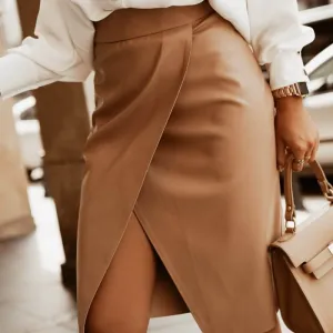 Faux Leather High Waist Front Slit Wrap Skirt