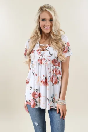 Favorite Lace Up Top ~ Floral Ivory