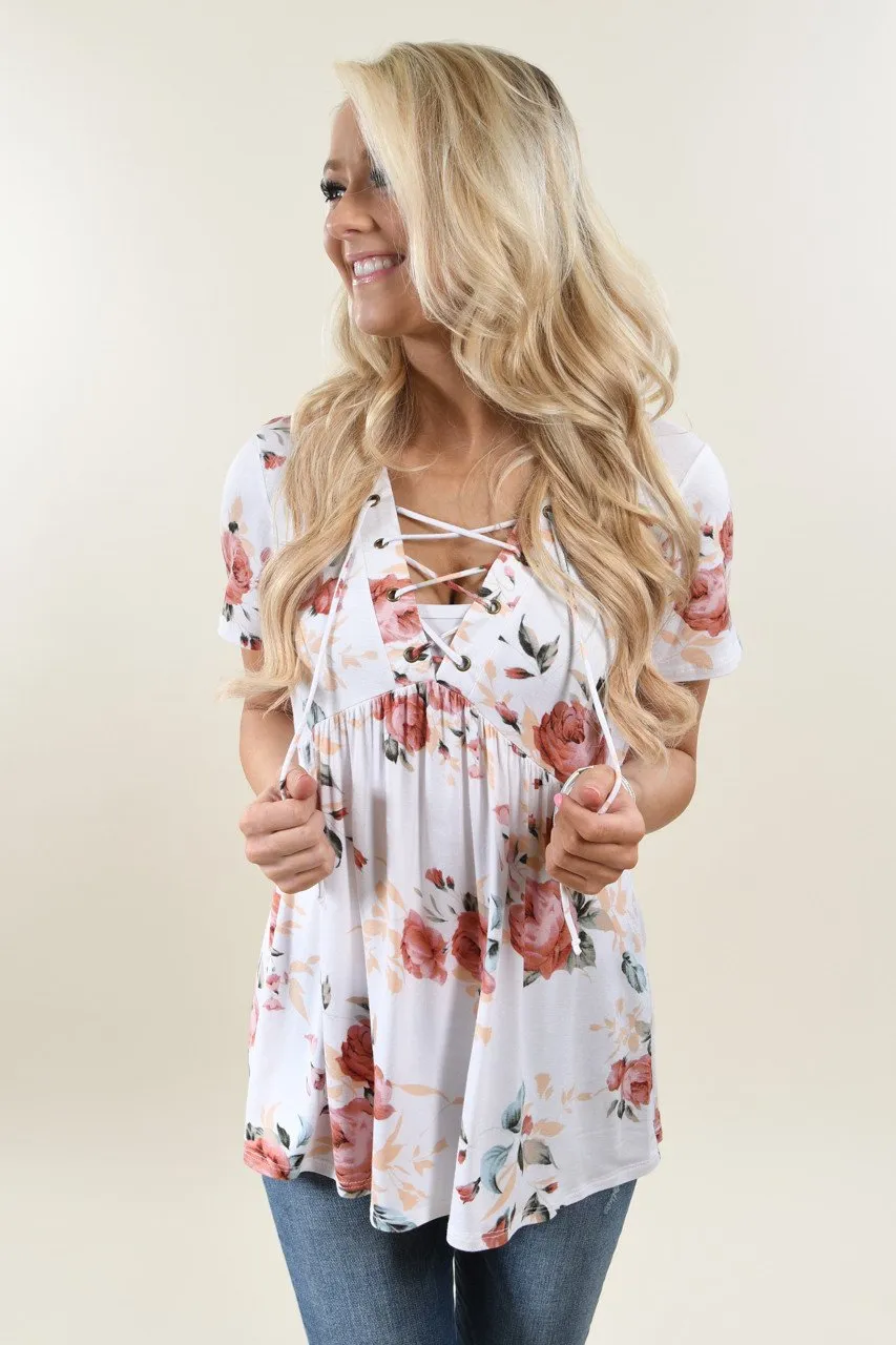 Favorite Lace Up Top ~ Floral Ivory