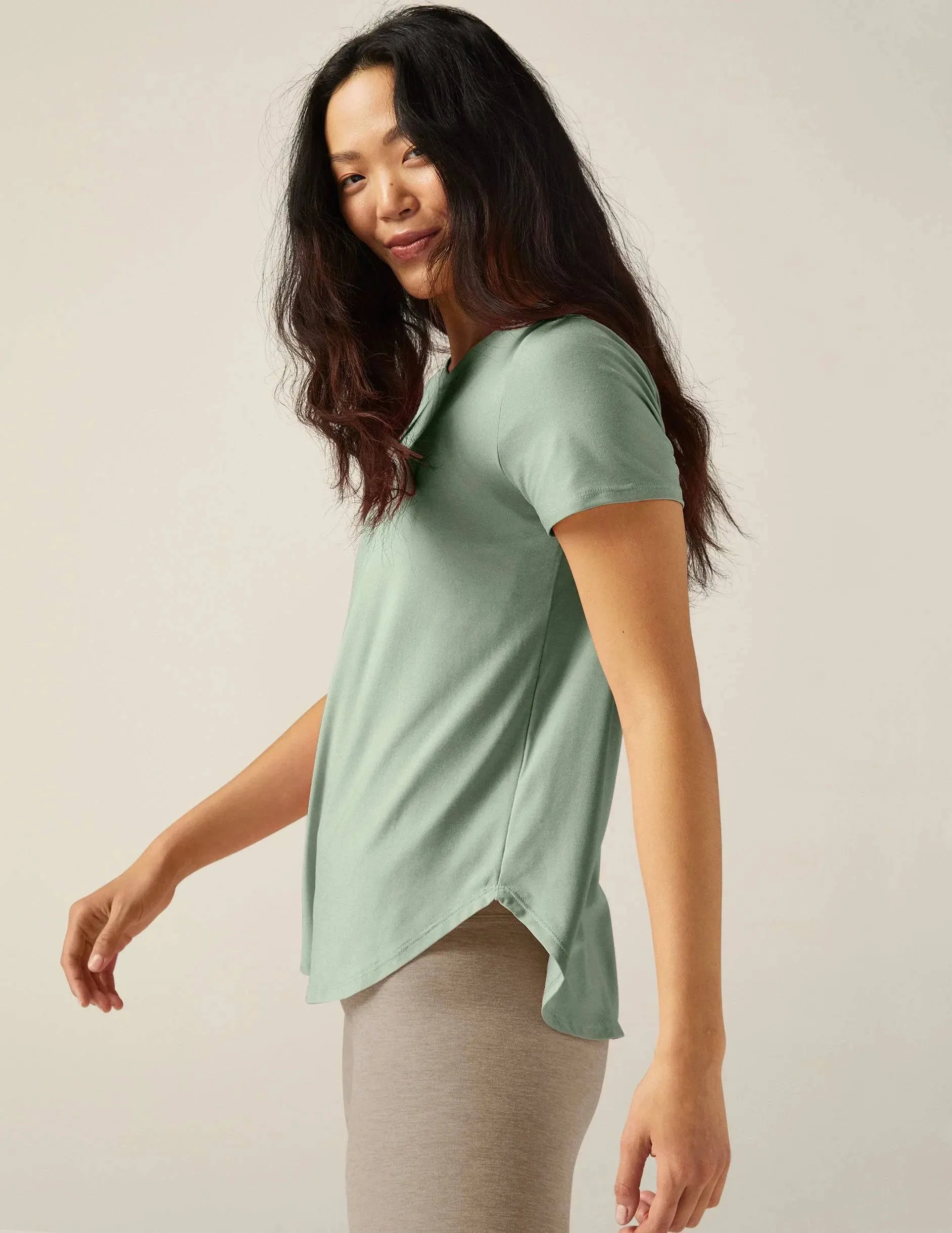 Featherweight on the Down Low Tee by Beyond Yoga | Minty Slate Heather