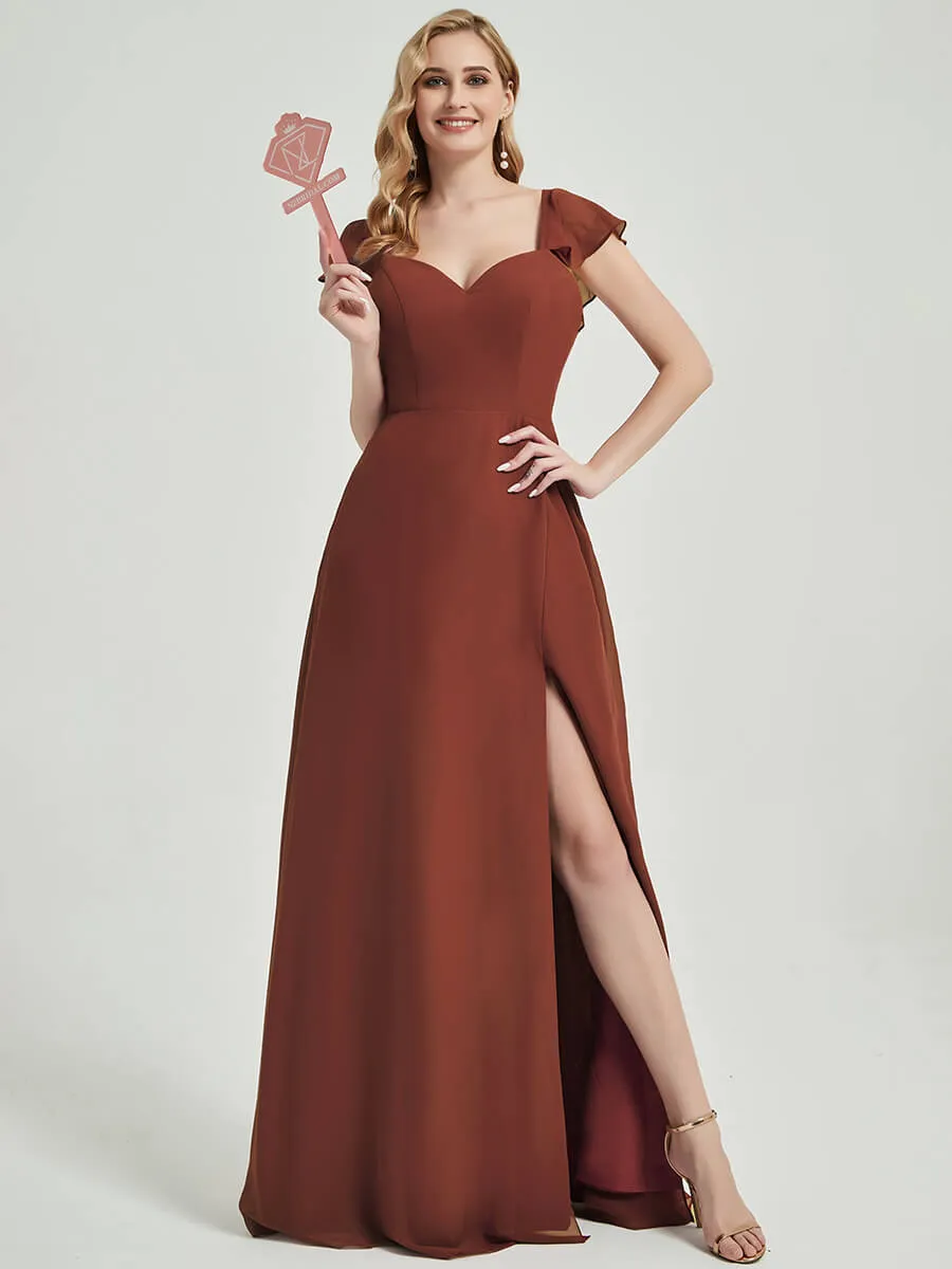 [Final Sale] Cinnamon Rose Ruffle Cap Sleeve Maxi Chiffon Bridesmaid Dress With Slit