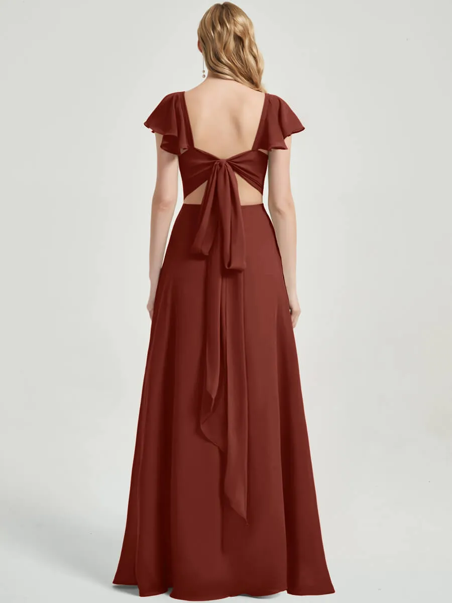 [Final Sale] Cinnamon Rose Ruffle Cap Sleeve Maxi Chiffon Bridesmaid Dress With Slit