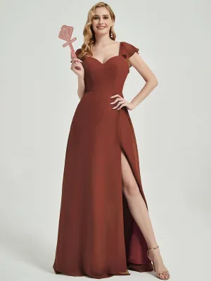 [Final Sale] Cinnamon Rose Ruffle Cap Sleeve Maxi Chiffon Bridesmaid Dress With Slit