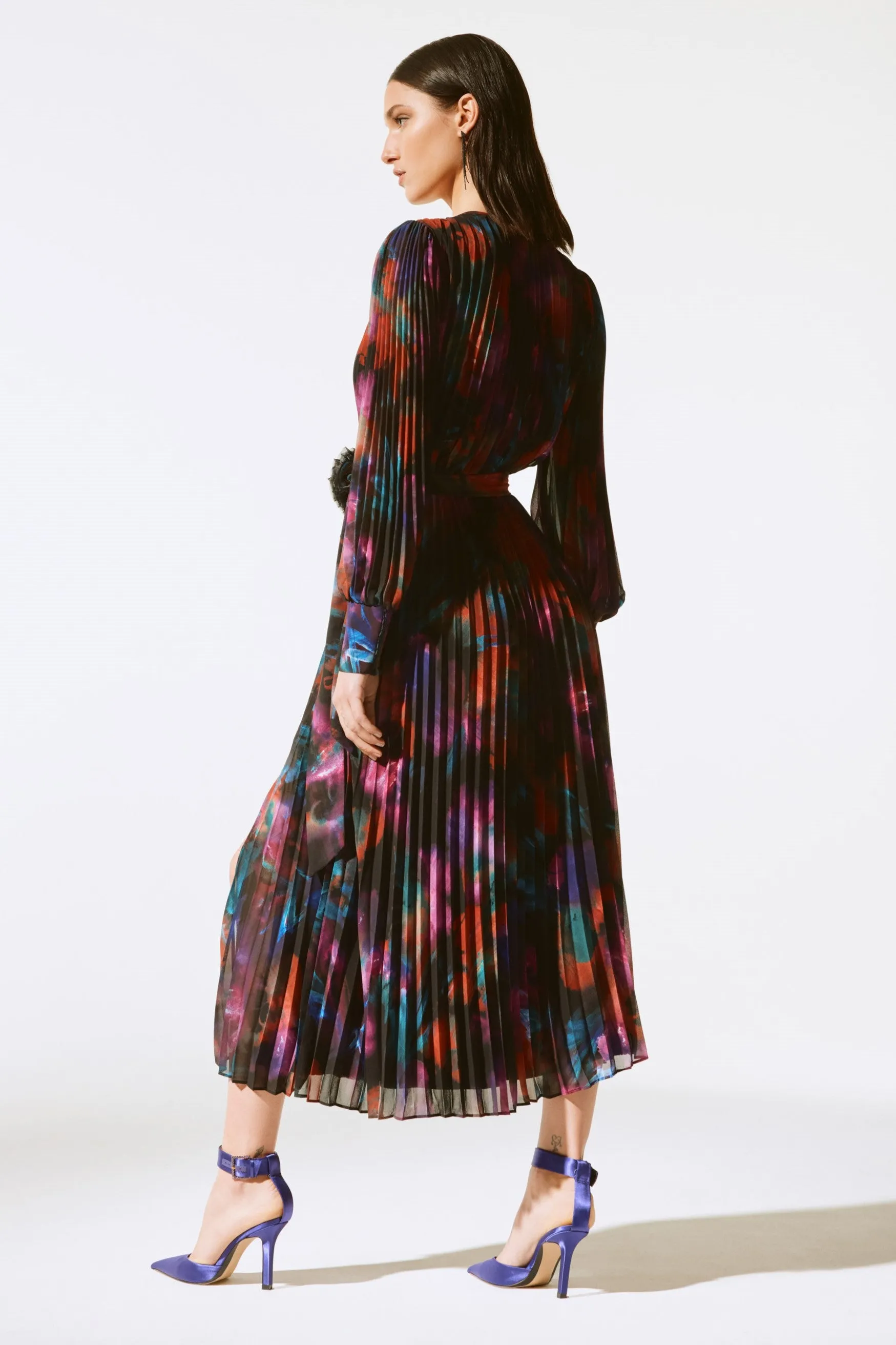 Floral Print Pleated Chiffon Midi Dress