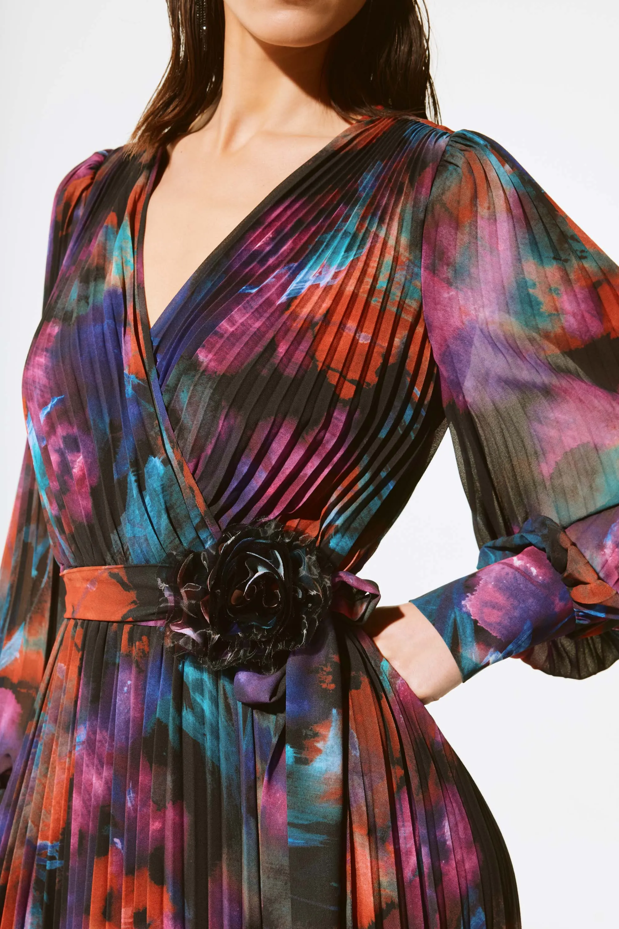 Floral Print Pleated Chiffon Midi Dress