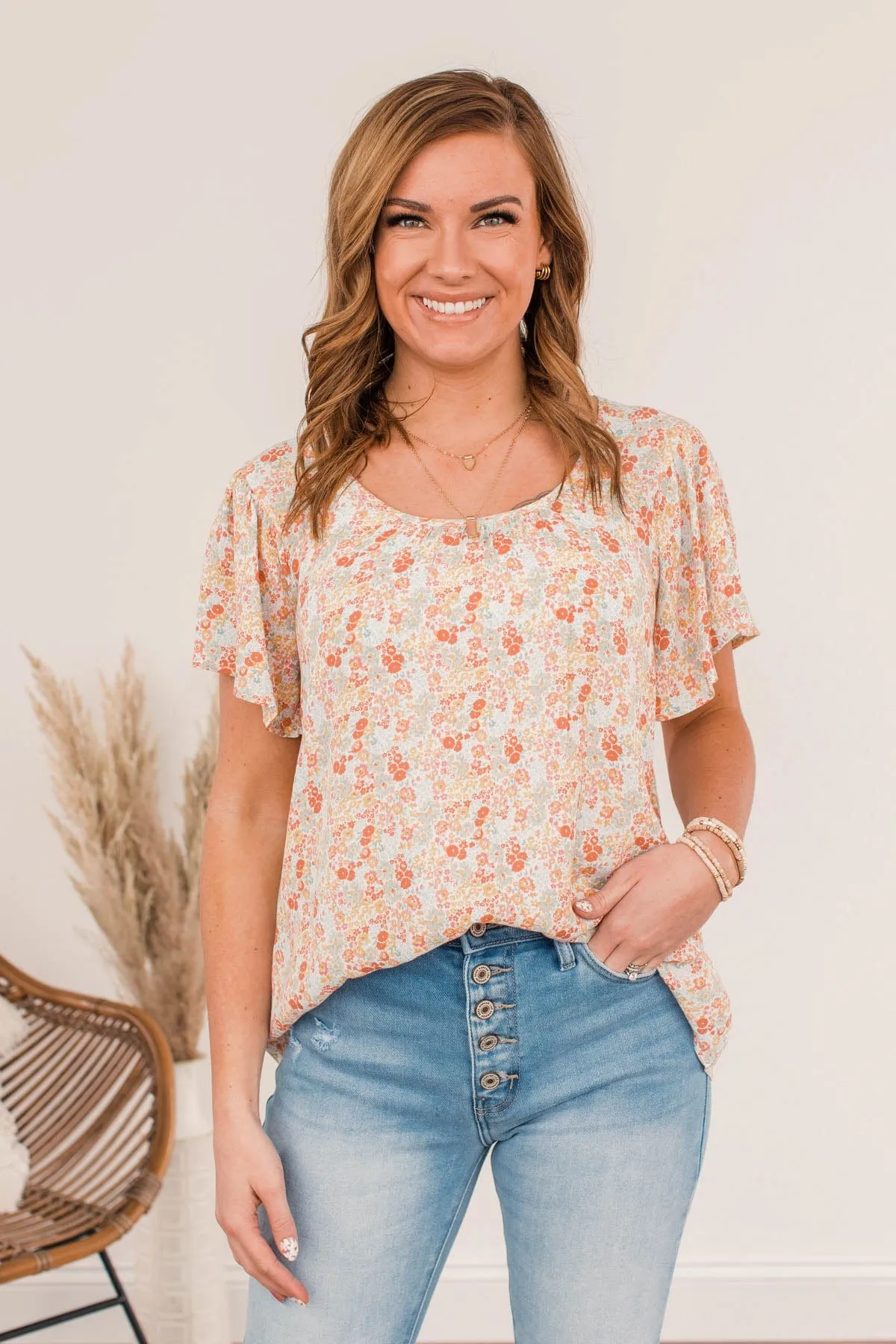Fluttering Butterflies Floral Top- Coral