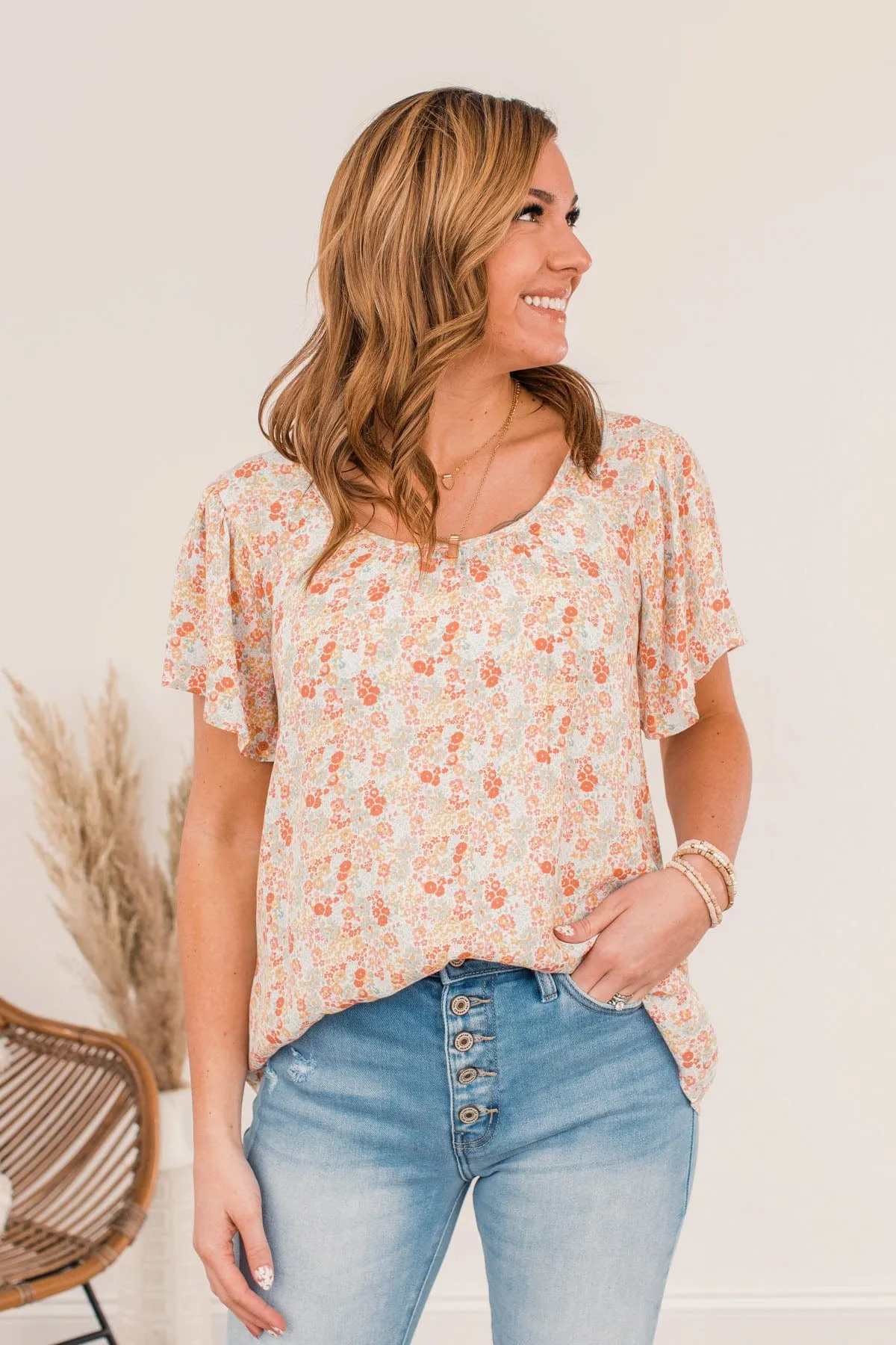 Fluttering Butterflies Floral Top- Coral