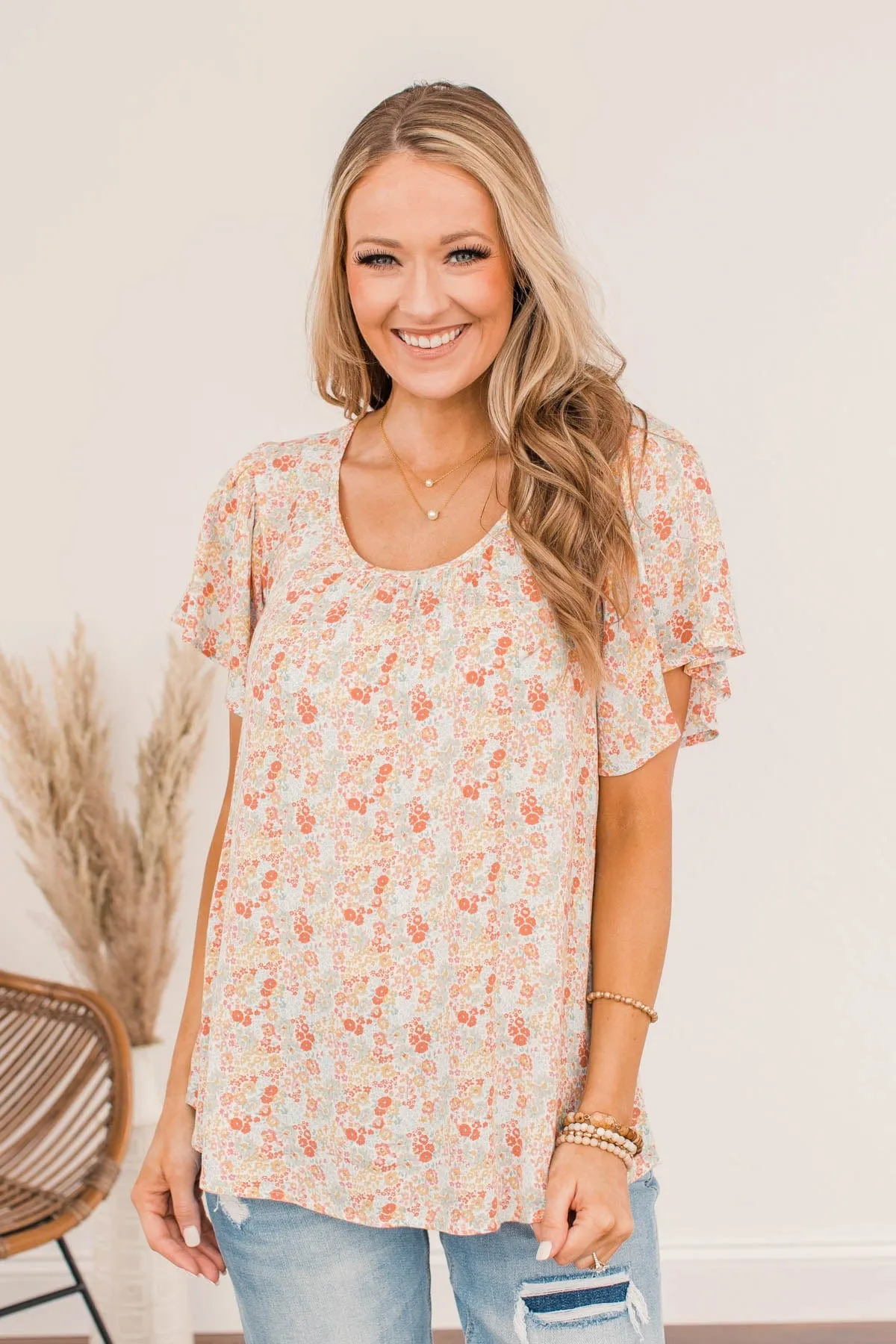 Fluttering Butterflies Floral Top- Coral