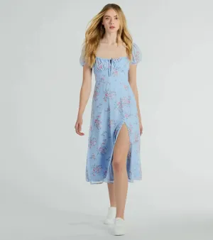 Forever Beauty Puff Sleeve Floral Chiffon Midi Dress