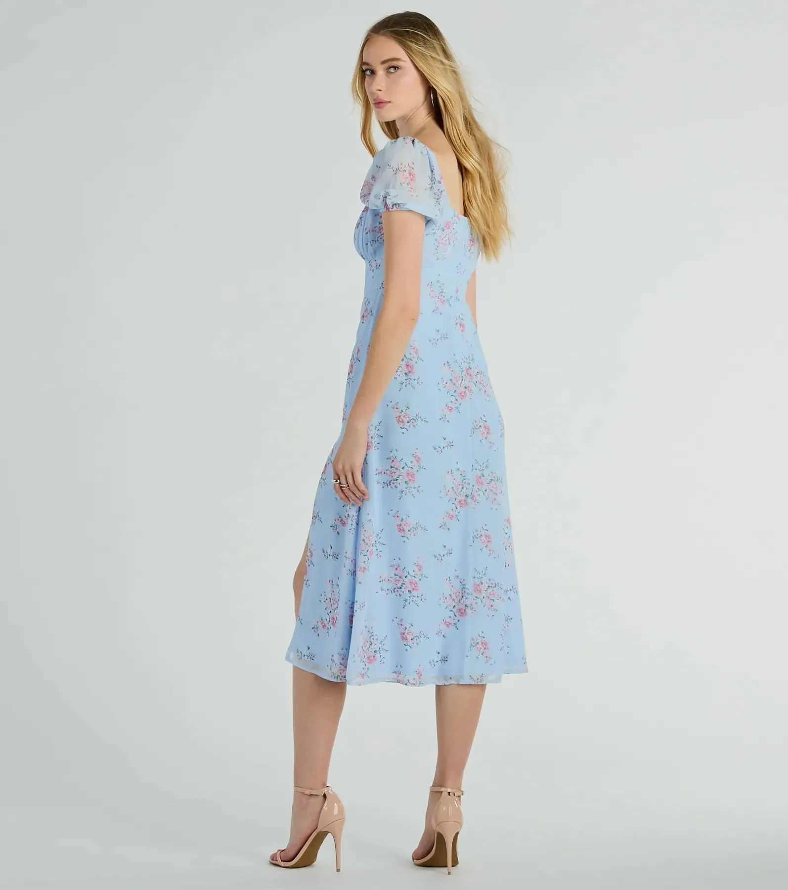 Forever Beauty Puff Sleeve Floral Chiffon Midi Dress