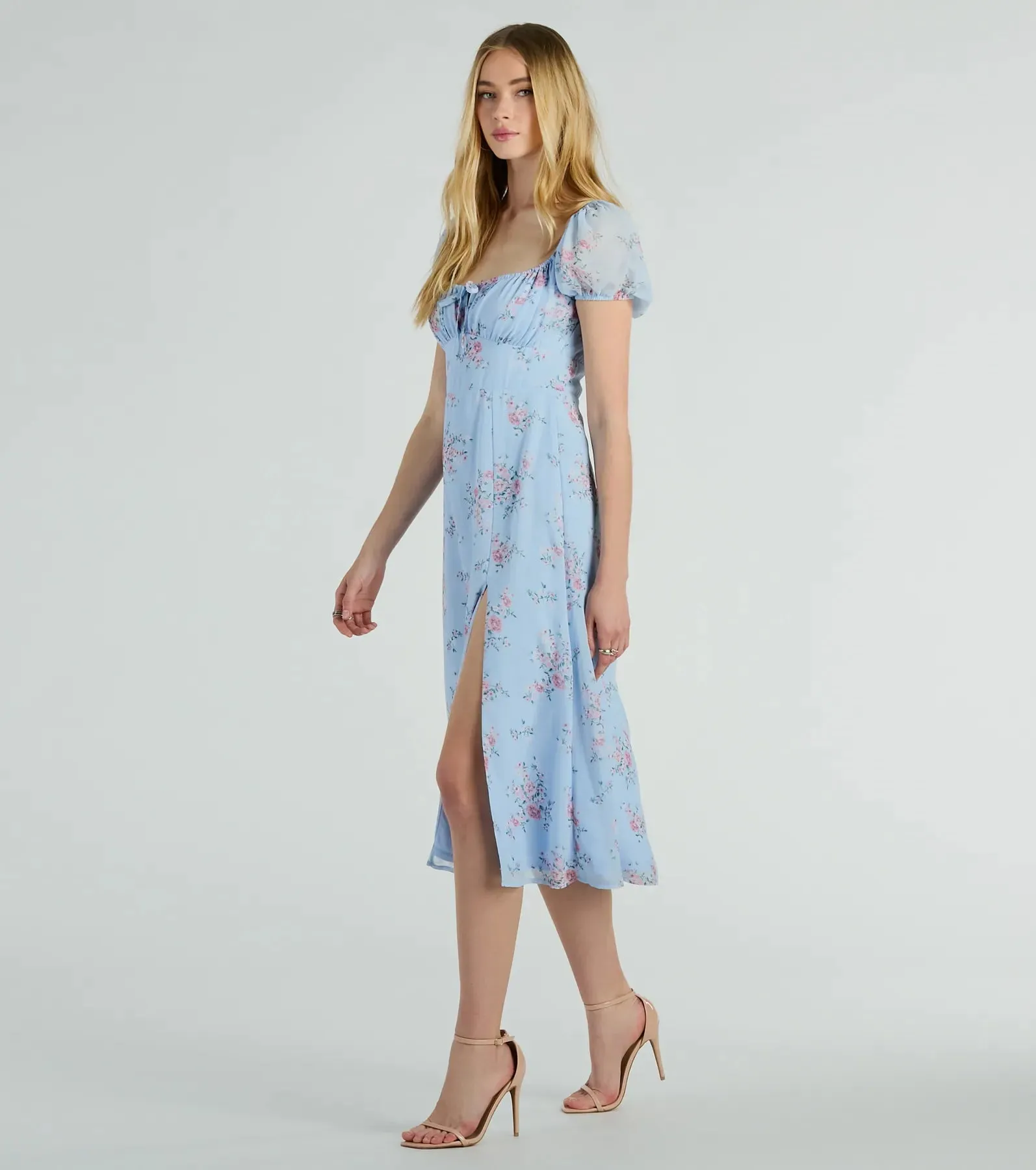 Forever Beauty Puff Sleeve Floral Chiffon Midi Dress