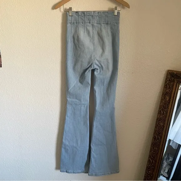 FP We The Free Jayde High Waisted Flare Stretchy Denim Jeans Light Blue Retro 27