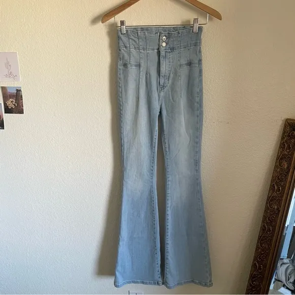 FP We The Free Jayde High Waisted Flare Stretchy Denim Jeans Light Blue Retro 27