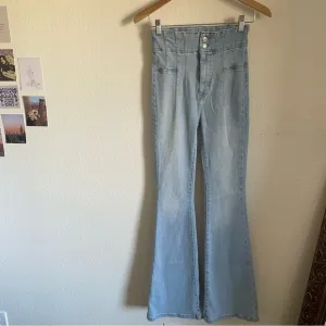 FP We The Free Jayde High Waisted Flare Stretchy Denim Jeans Light Blue Retro 27