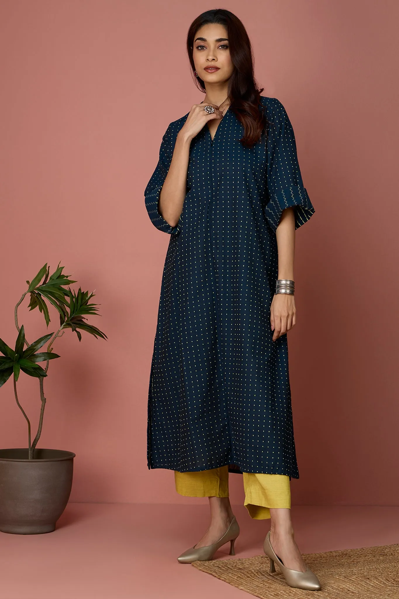 front zipper a-line kurta - Cosmic Constellation & Dots Dance