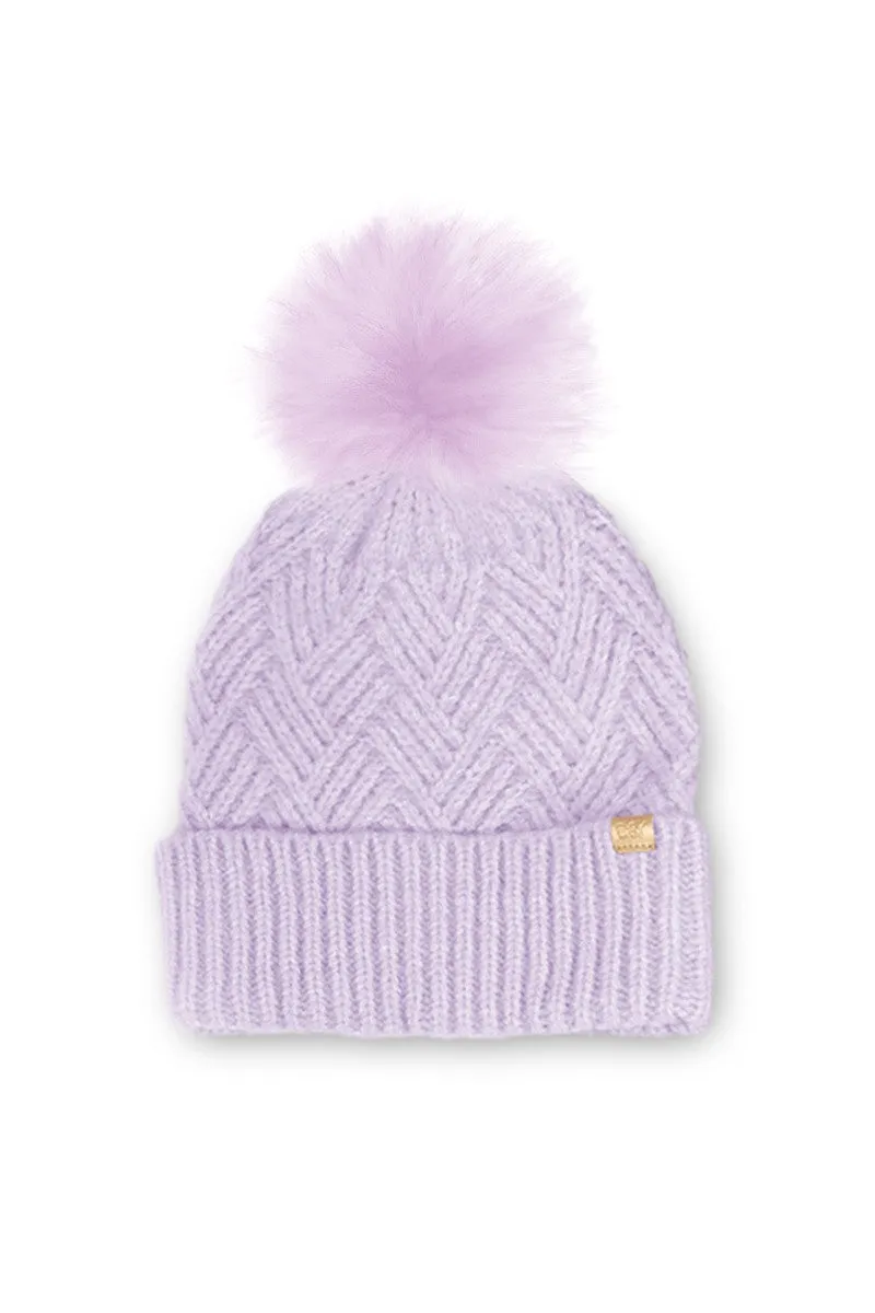 FSBB9277 - Chevron Knit Beanie with Faux Fur Pom