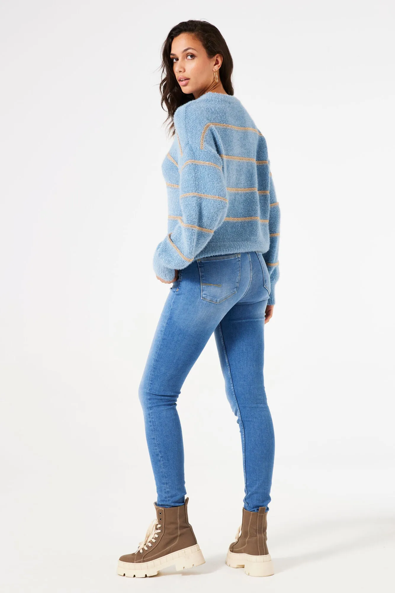 Garcia Pullover Knit - Faded Denim & Gold Stripe