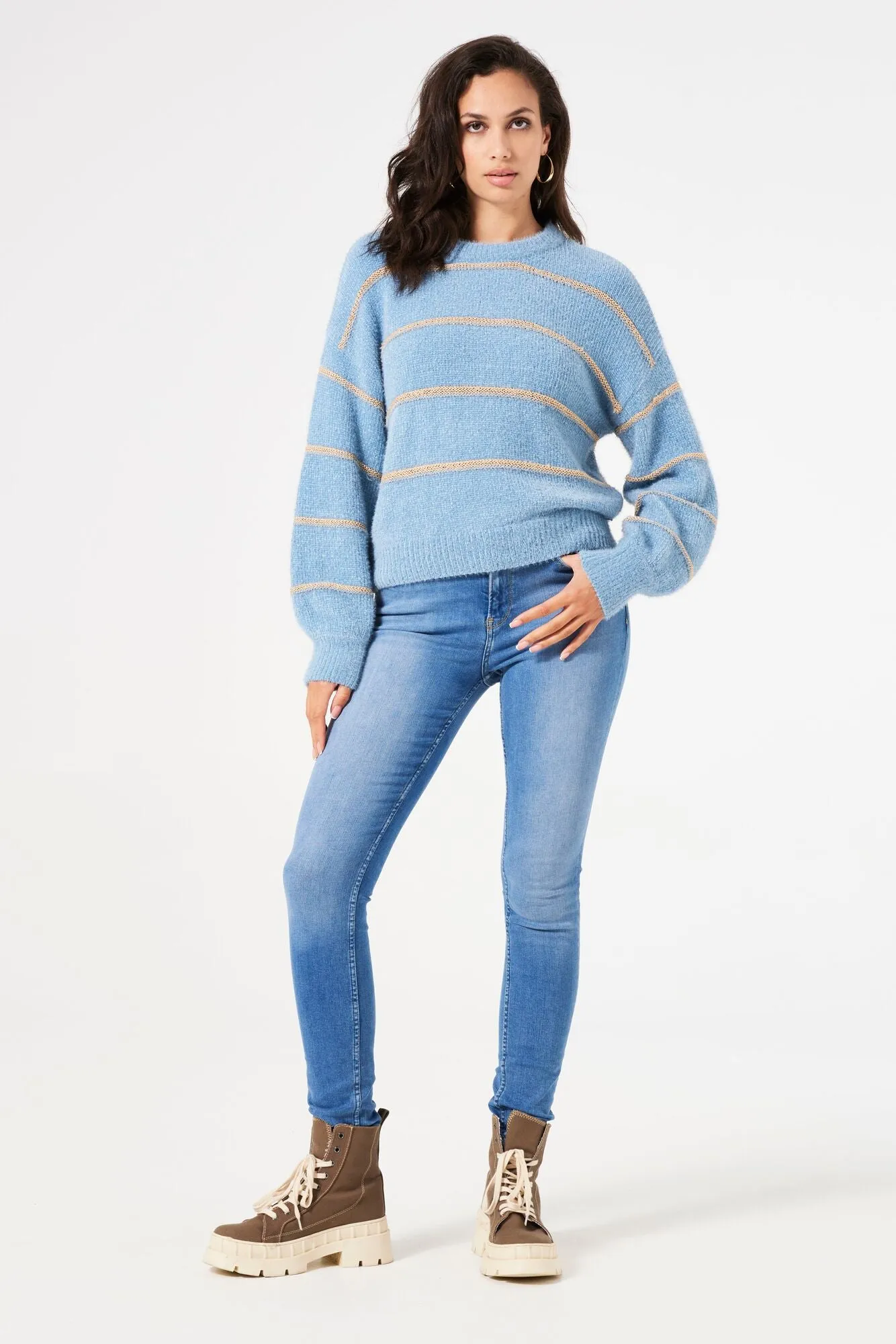 Garcia Pullover Knit - Faded Denim & Gold Stripe