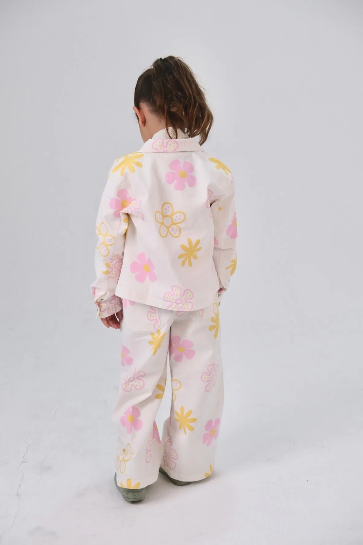 Girls Printed Gabardine Jacket – Offwhite with Flowers