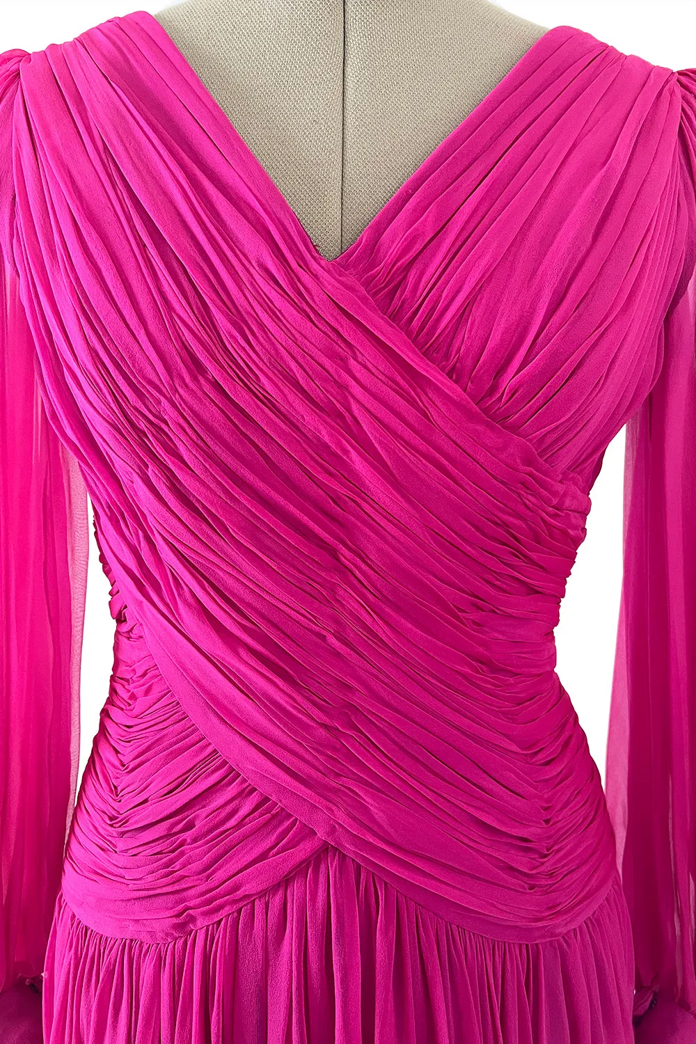 Gorgeous 1980s Richeline 'Valentino' Pink Silk Chiffon Dress w Full Sleeves & Plunge Front