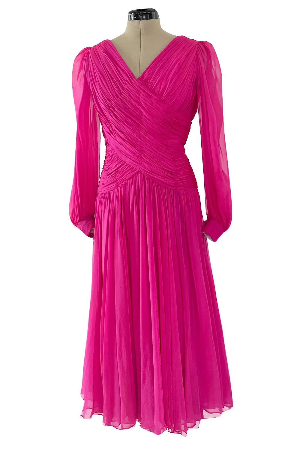 Gorgeous 1980s Richeline 'Valentino' Pink Silk Chiffon Dress w Full Sleeves & Plunge Front