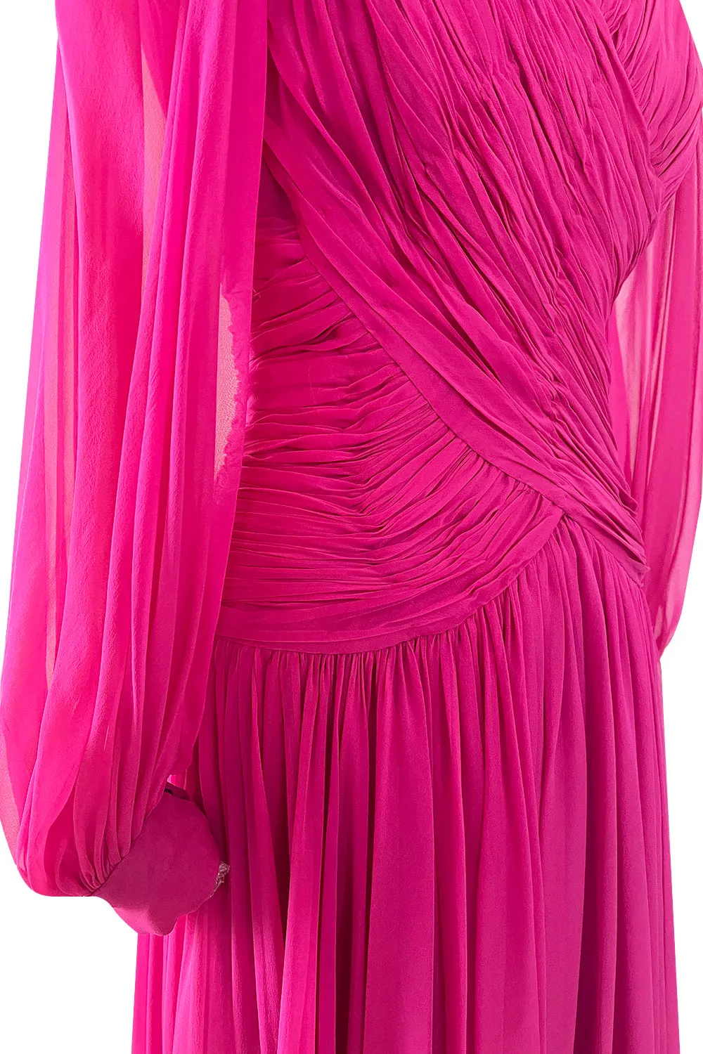 Gorgeous 1980s Richeline 'Valentino' Pink Silk Chiffon Dress w Full Sleeves & Plunge Front