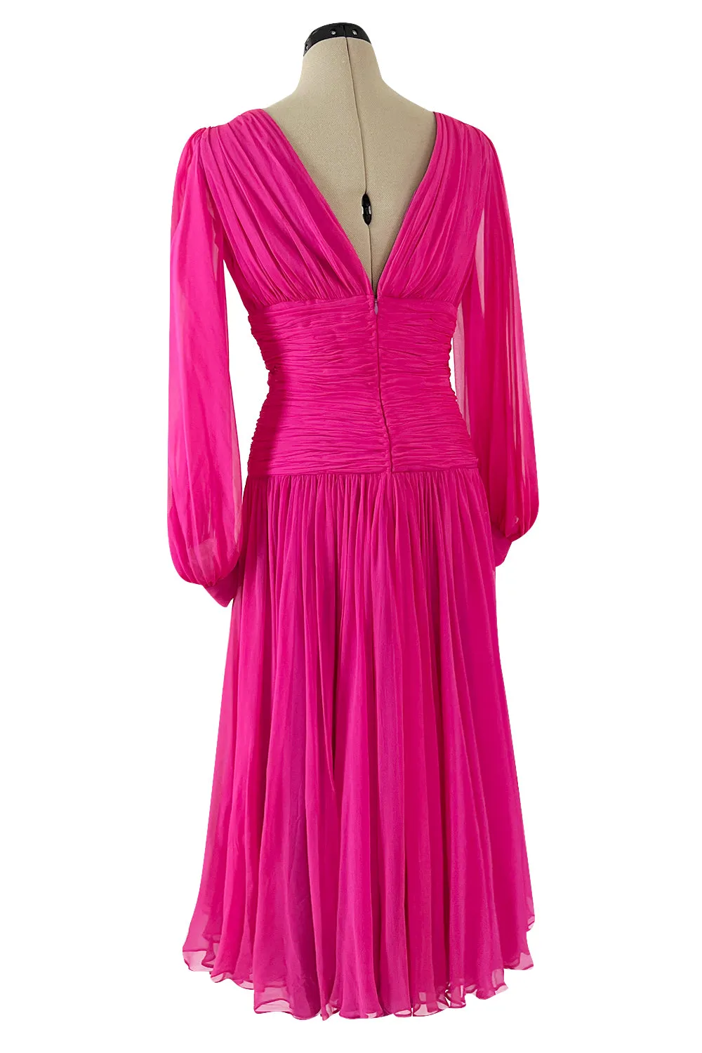 Gorgeous 1980s Richeline 'Valentino' Pink Silk Chiffon Dress w Full Sleeves & Plunge Front