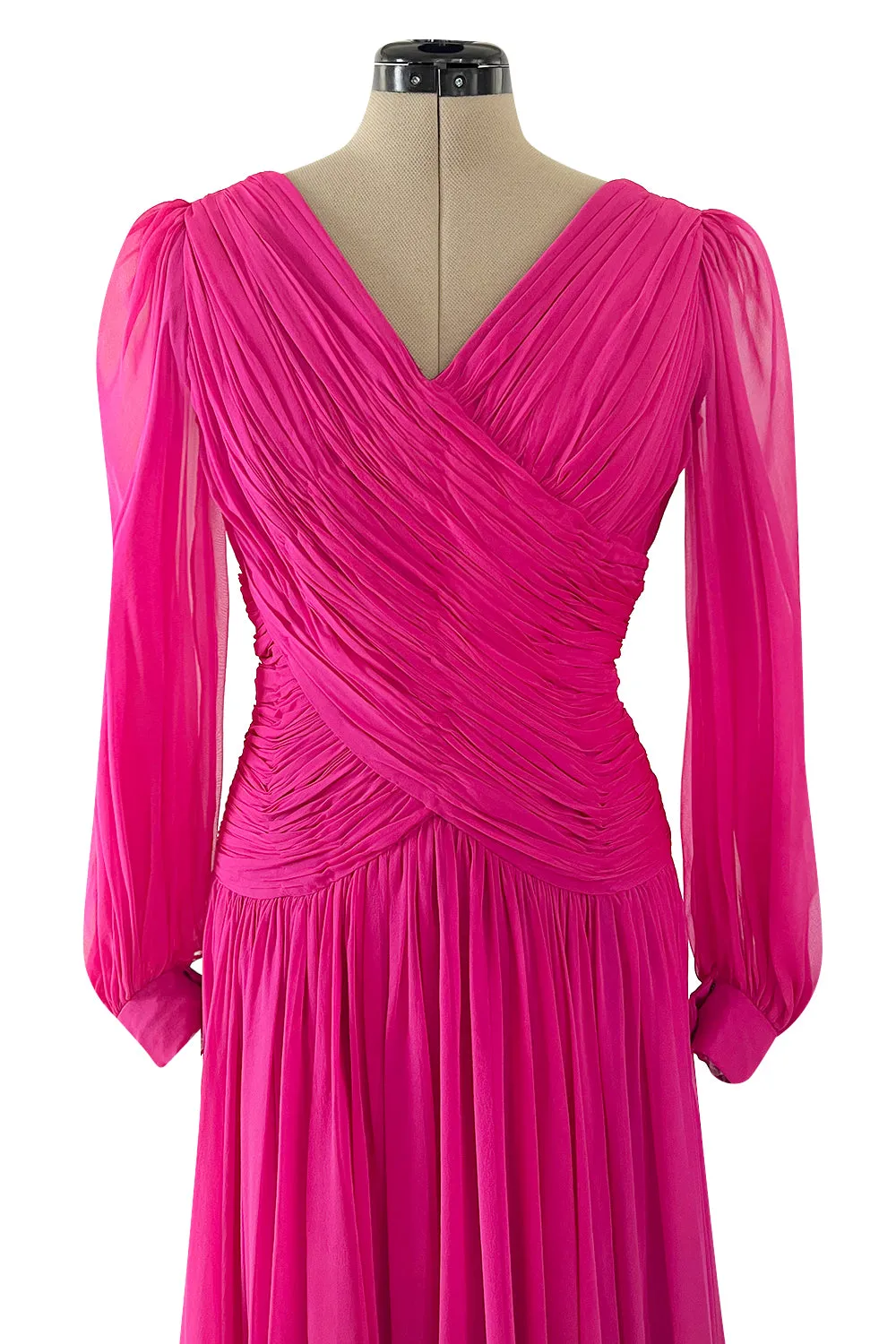 Gorgeous 1980s Richeline 'Valentino' Pink Silk Chiffon Dress w Full Sleeves & Plunge Front