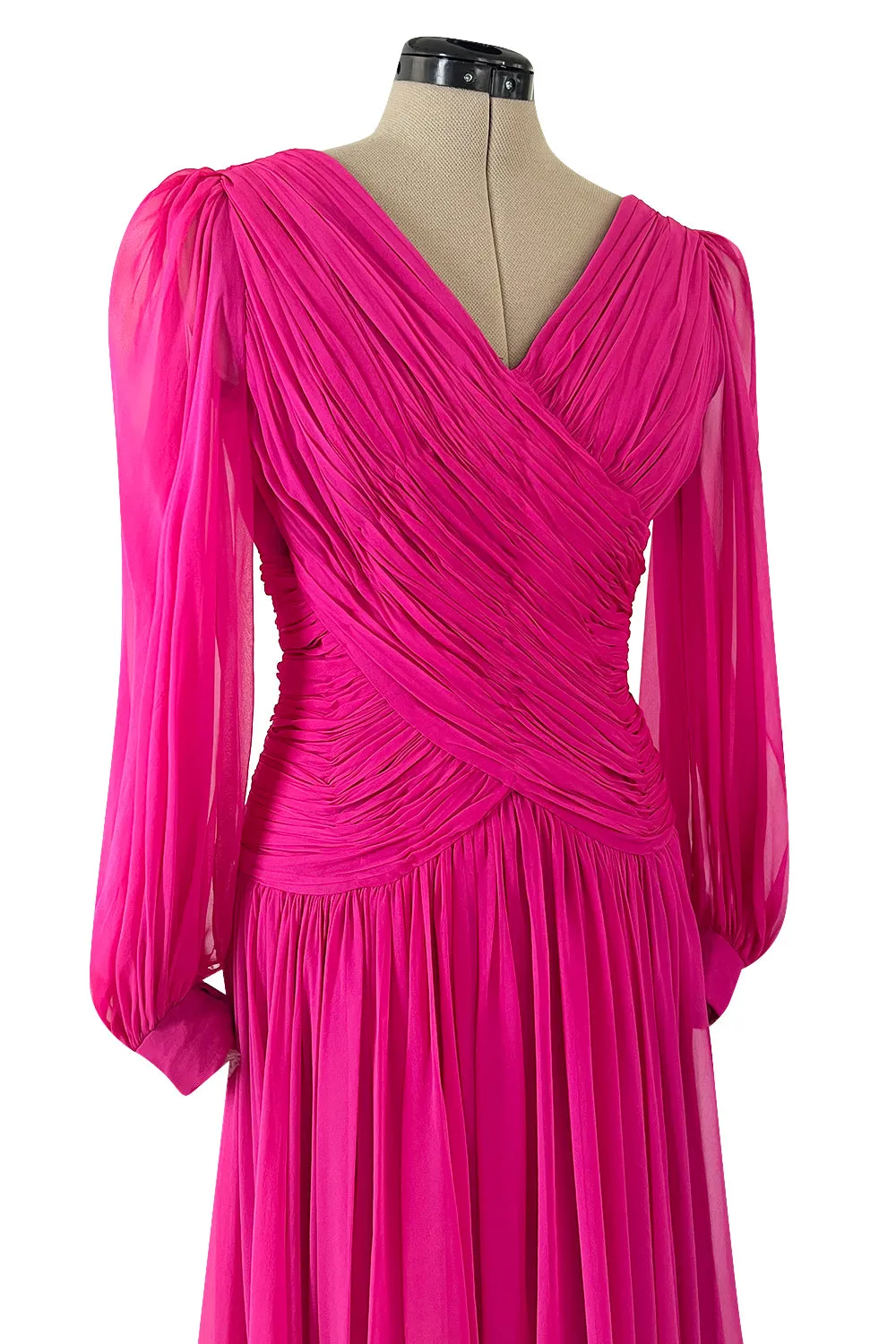 Gorgeous 1980s Richeline 'Valentino' Pink Silk Chiffon Dress w Full Sleeves & Plunge Front