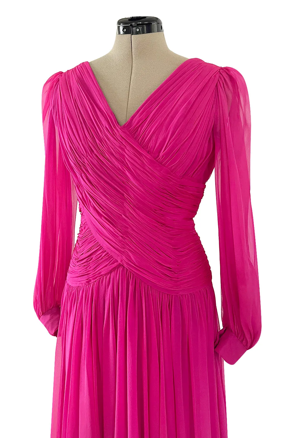 Gorgeous 1980s Richeline 'Valentino' Pink Silk Chiffon Dress w Full Sleeves & Plunge Front