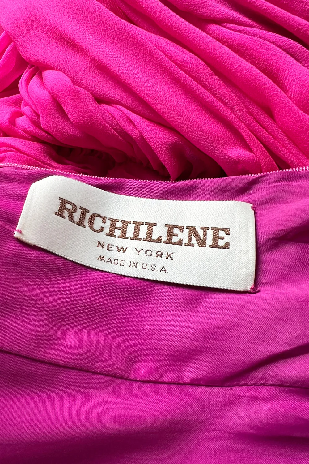 Gorgeous 1980s Richeline 'Valentino' Pink Silk Chiffon Dress w Full Sleeves & Plunge Front