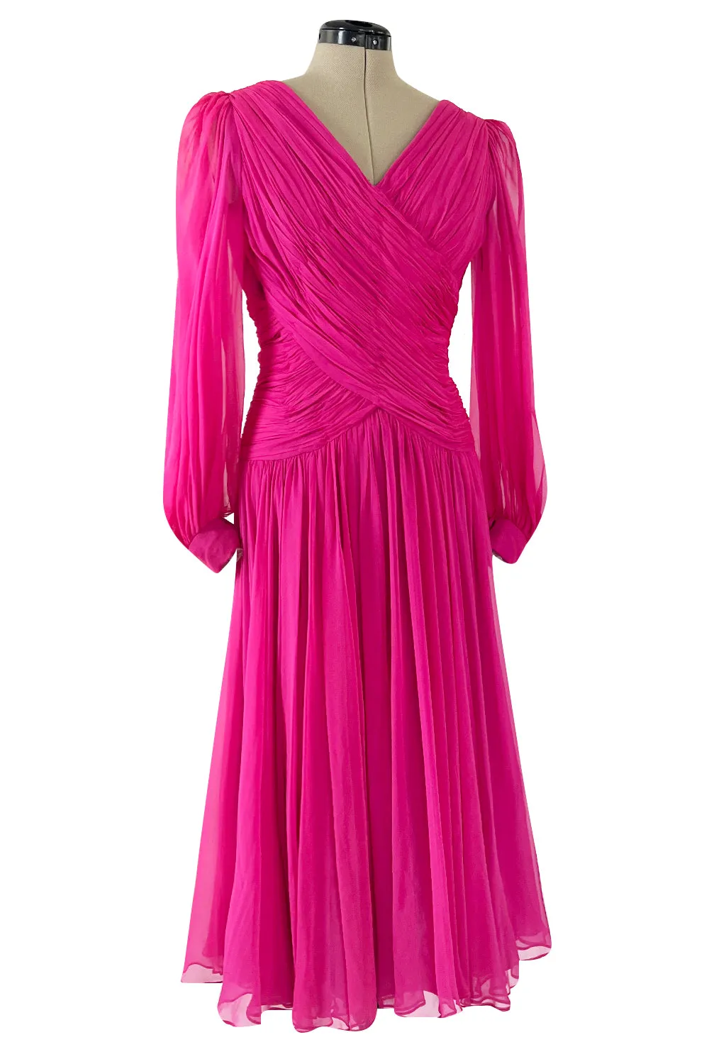Gorgeous 1980s Richeline 'Valentino' Pink Silk Chiffon Dress w Full Sleeves & Plunge Front