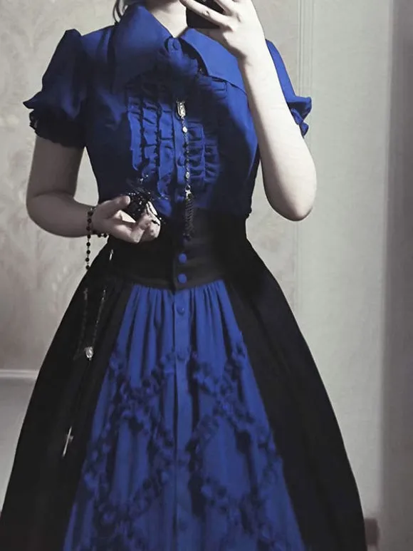 Gothic Lolita SK Color Block Blue Ruffles Lolita Skirts