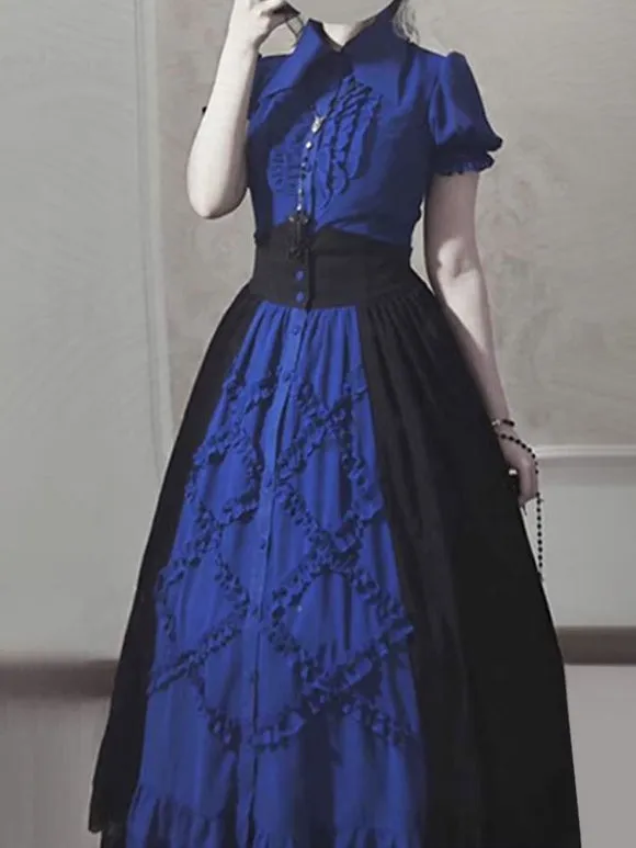 Gothic Lolita SK Color Block Blue Ruffles Lolita Skirts