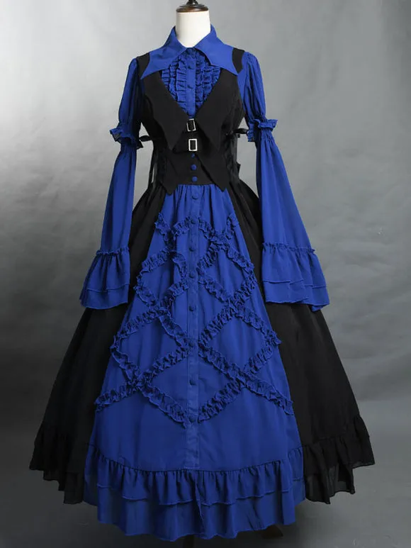 Gothic Lolita SK Color Block Blue Ruffles Lolita Skirts