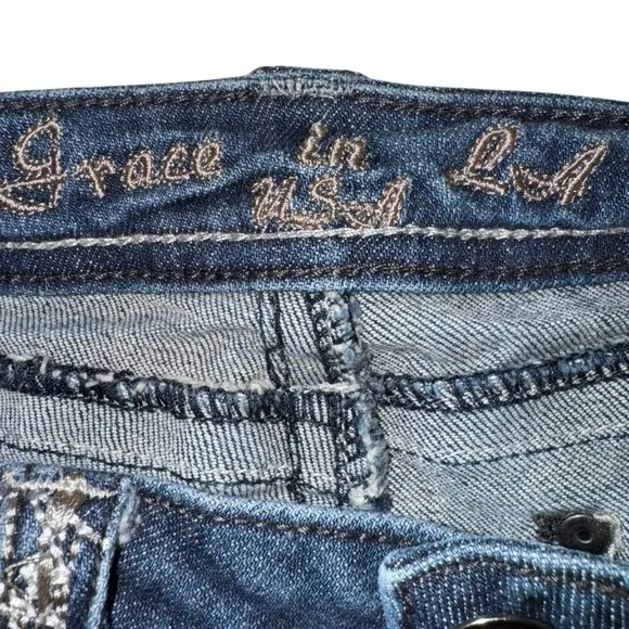 Grace in LA Girls JR Size 7 Blue Denim Jeans with Decorative Stitching Flare Leg