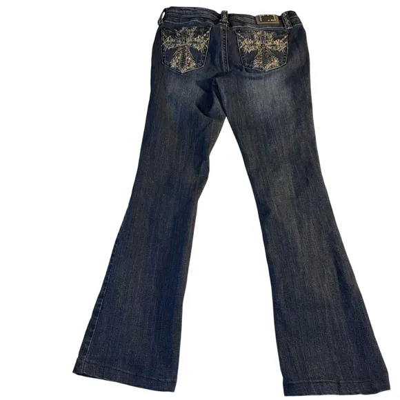 Grace in LA Girls JR Size 7 Blue Denim Jeans with Decorative Stitching Flare Leg