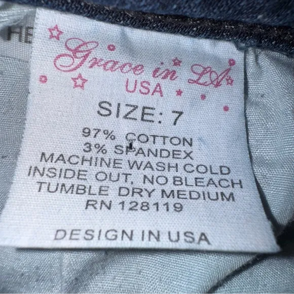 Grace in LA Girls JR Size 7 Blue Denim Jeans with Decorative Stitching Flare Leg