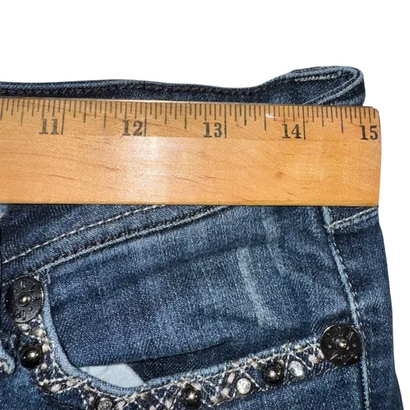 Grace in LA Girls JR Size 7 Blue Denim Jeans with Decorative Stitching Flare Leg