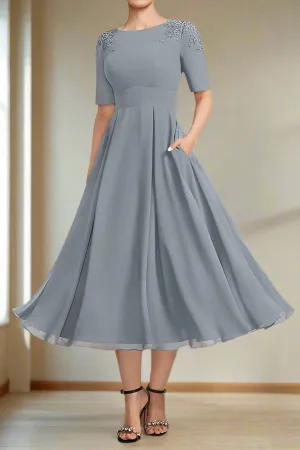 Half Sleeve Tea Length Chiffon Dusty Blue Mother of the Bride Dress