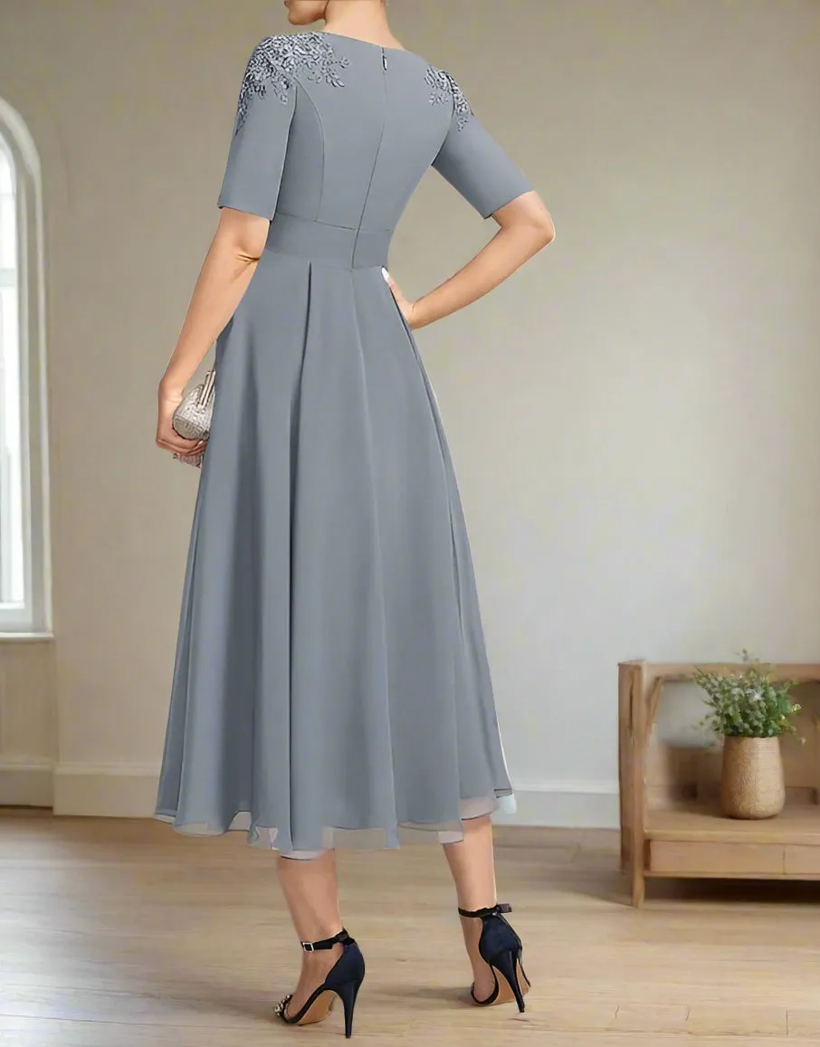 Half Sleeve Tea Length Chiffon Dusty Blue Mother of the Bride Dress