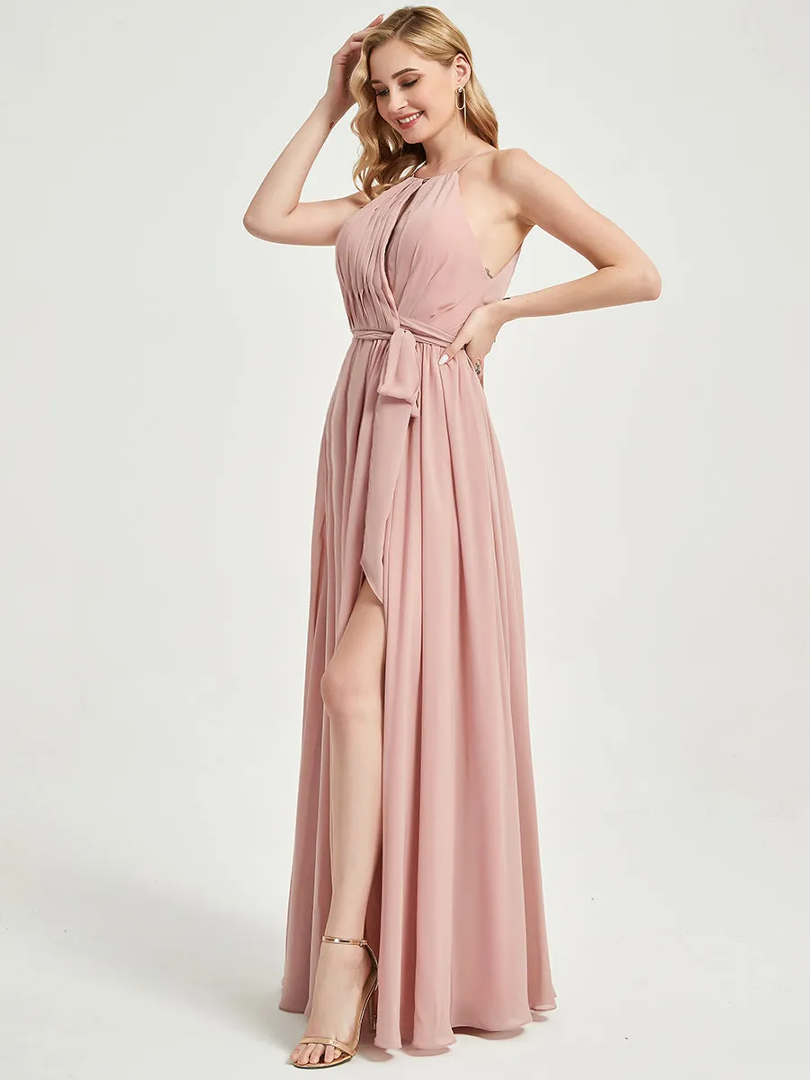 Halter Neck Slit Wrap Dusk Chiffon Bridesmaid Dress Floor Length